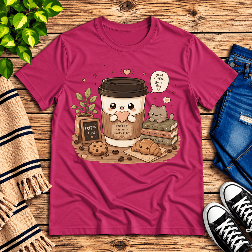 Good Coffee graphic t-shirt cozy flat lay in berry.
