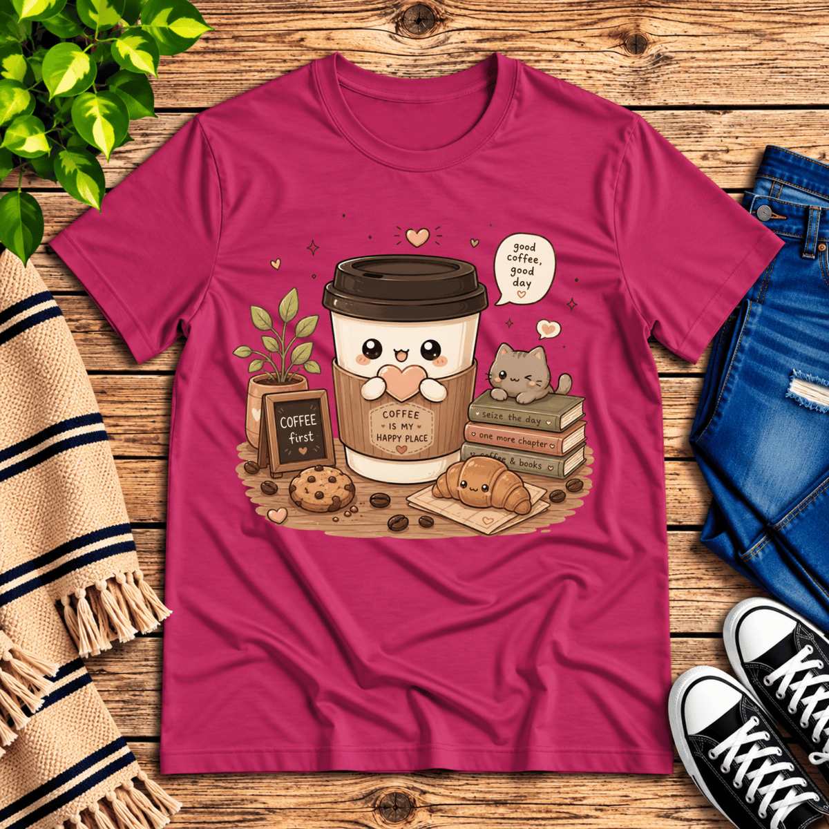Good Coffee graphic t-shirt cozy flat lay in berry.