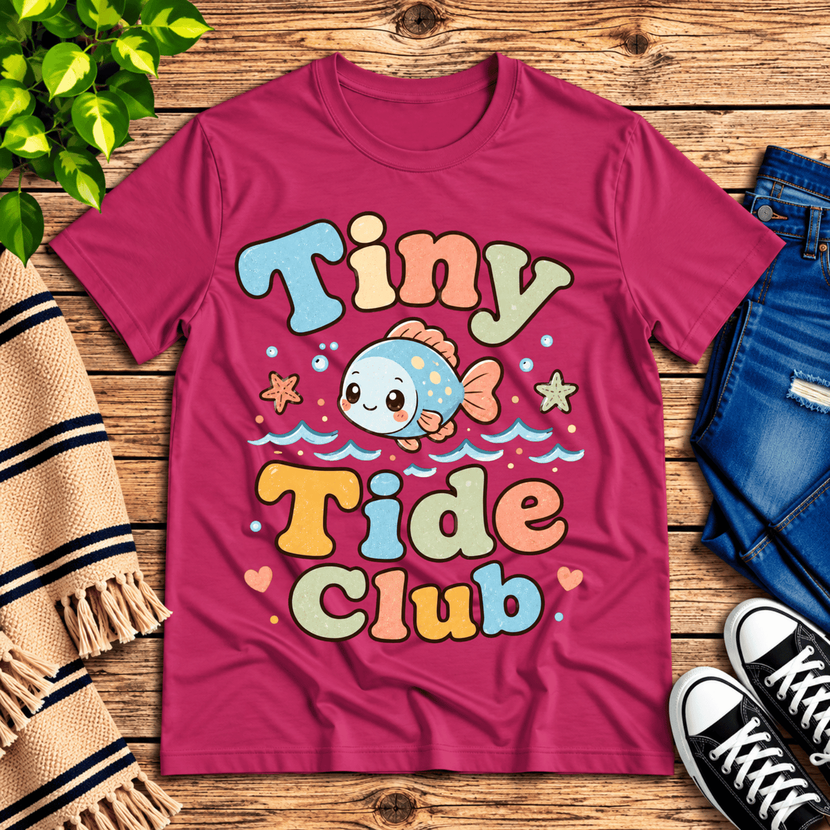Tiny Tide Club cute animal graphic t-shirt cozy flat lay in berry.