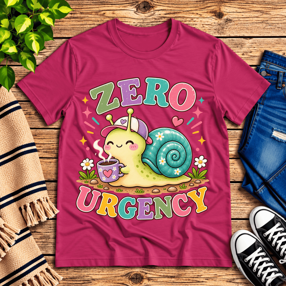 Zero Urgency cute animal graphic t-shirt cozy flat lay in berry.