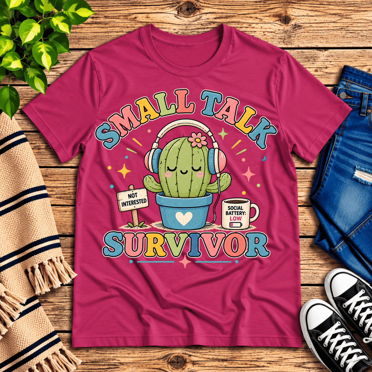 Small Talk Survivor funny plant graphic t-shirt cozy flat lay in berry.