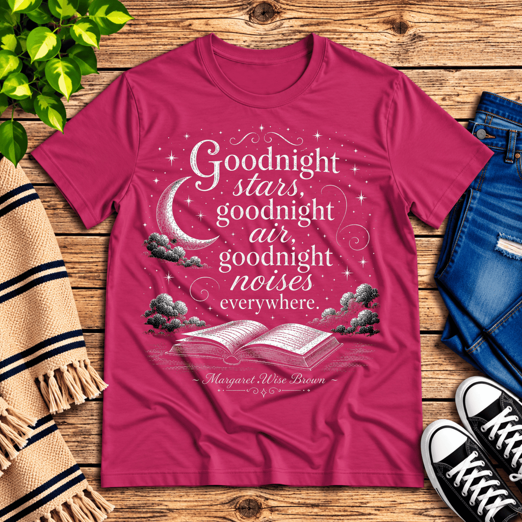 Goodnight Stars book quote graphic t-shirt cozy flat lay in berry.