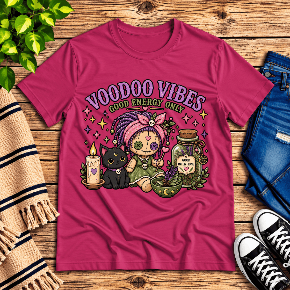 Voodoo Vibes cute magic graphic t-shirt cozy flat lay in berry.