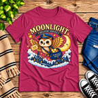 Moonlight Delivery cute animal graphic t-shirt cozy flat lay in berry.