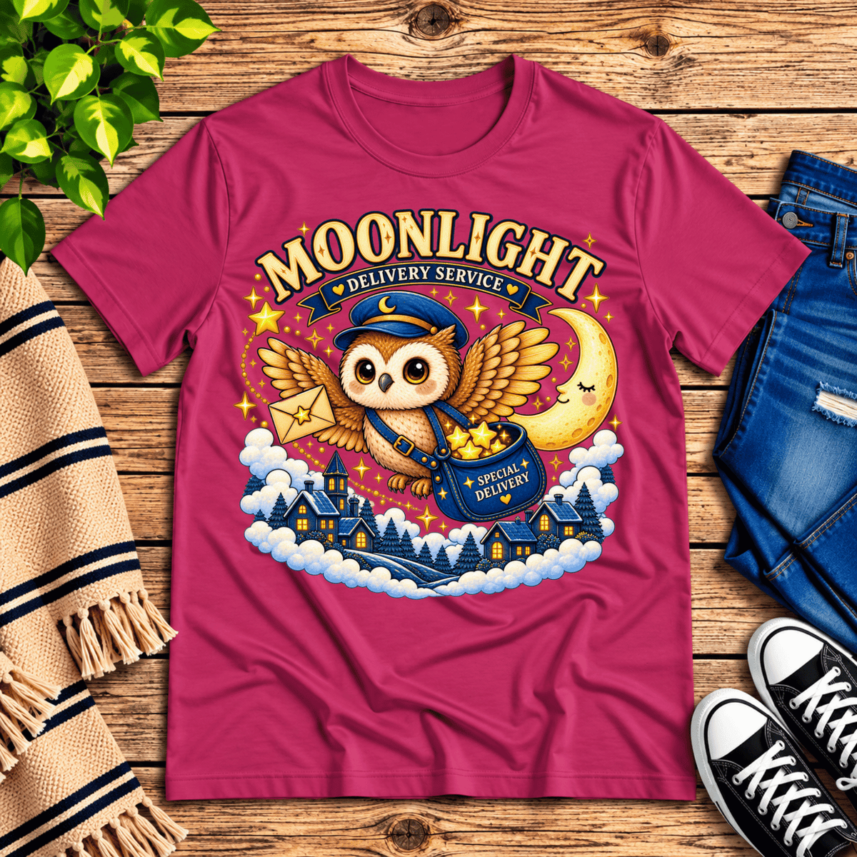 Moonlight Delivery cute animal graphic t-shirt cozy flat lay in berry.