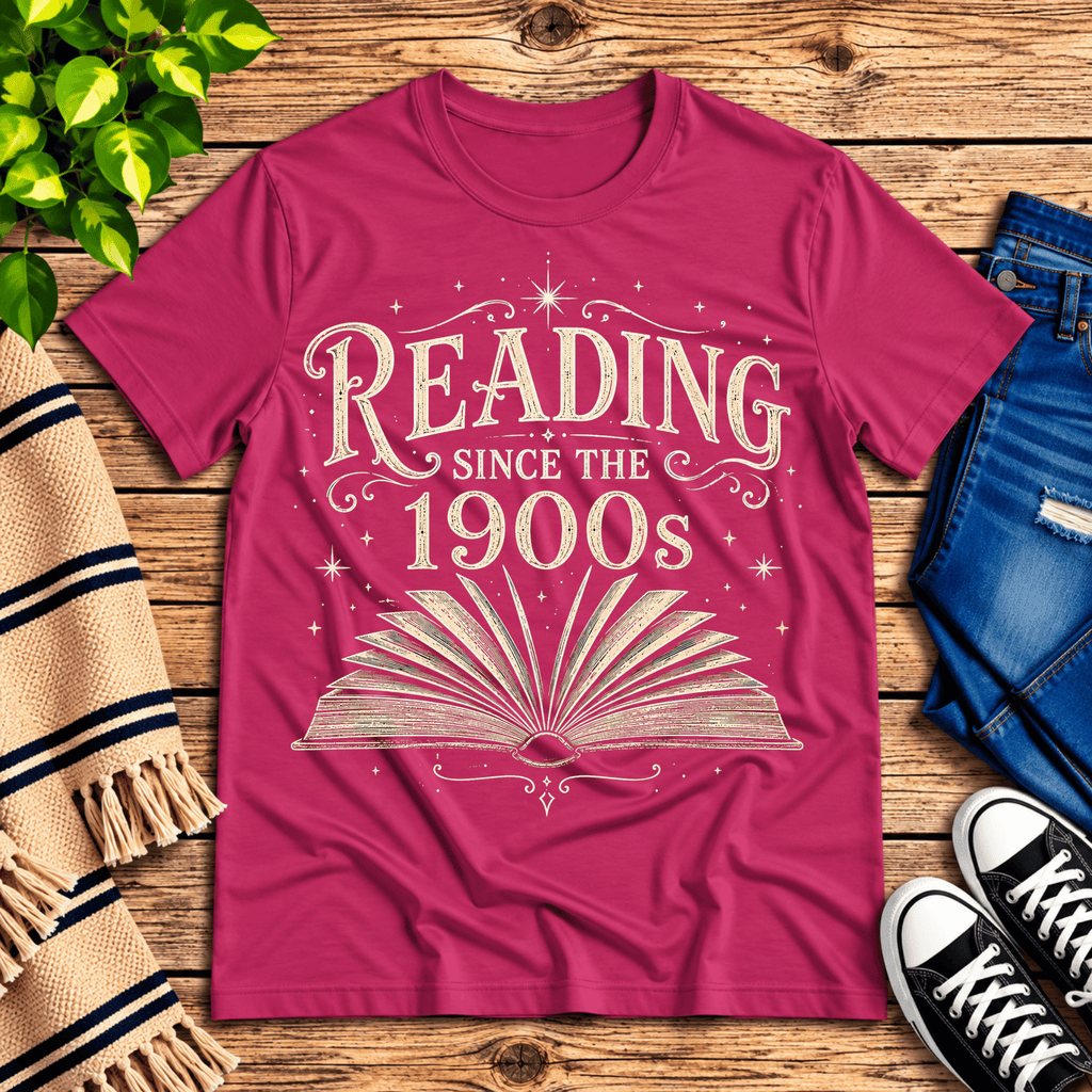 See Jane Read vintage book graphic t-shirt cozy flat lay in berry.