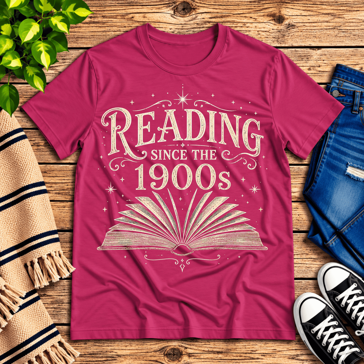 See Jane Read vintage book graphic t-shirt cozy flat lay in berry.