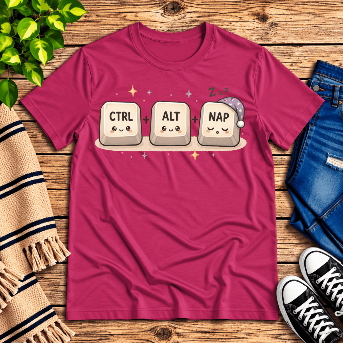 CTRL + ALT + NAP funny introvert graphic t-shirt cozy flat lay in berry.