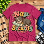 Nap Security cute animal graphic t-shirt cozy flat lay in berry.