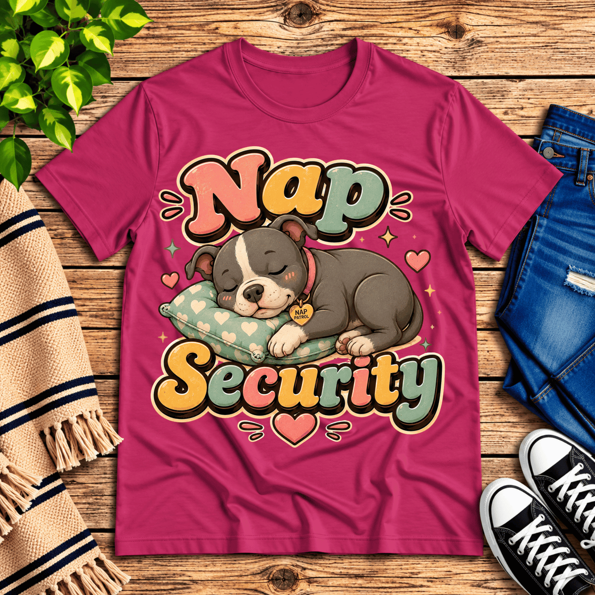 Nap Security cute animal graphic t-shirt cozy flat lay in berry.