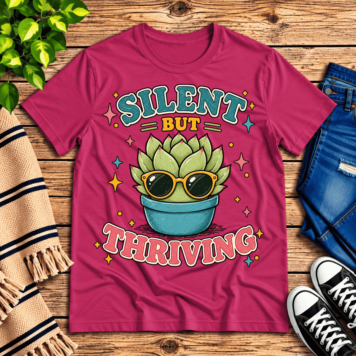 Silent But Thriving cute plant graphic t-shirt cozy flat lay in berry.