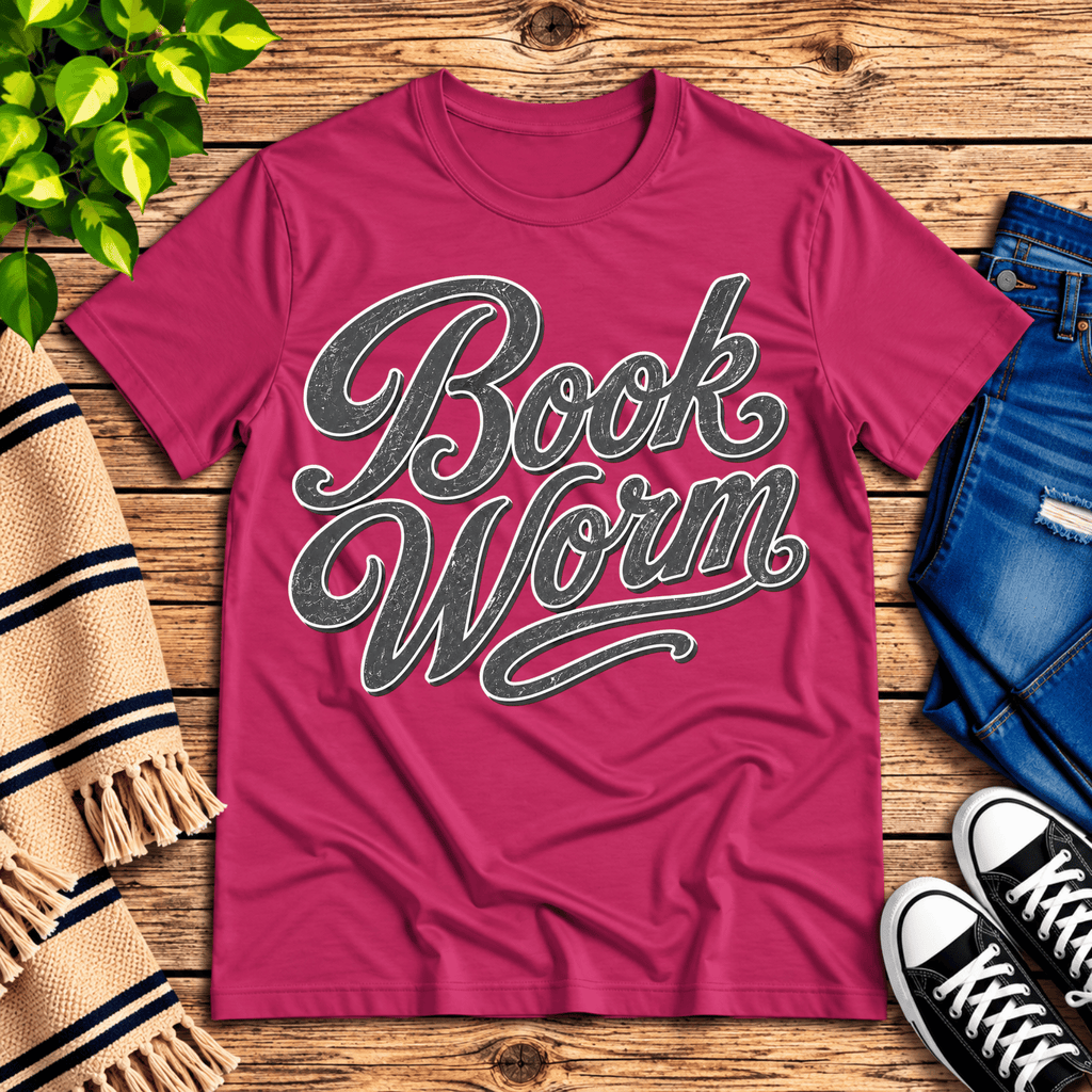 Book Worm book lover graphic t-shirt cozy flat lay in berry.