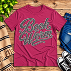 Book Worm book lover graphic t-shirt cozy flat lay in berry.
