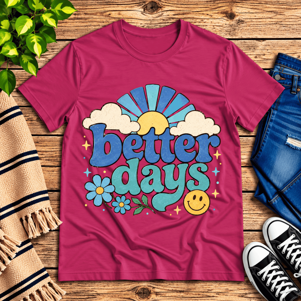 Better Days inspirational introvert graphic t-shirt cozy flat lay in berry.