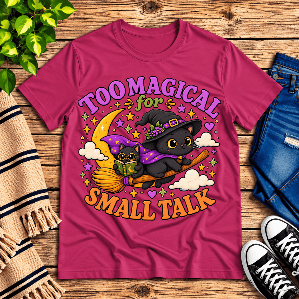 Too Magical cute celestial graphic t-shirt cozy flat lay in berry.