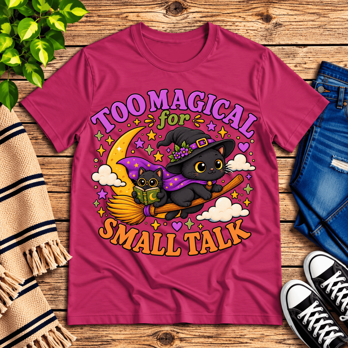 Too Magical cute celestial graphic t-shirt cozy flat lay in berry.
