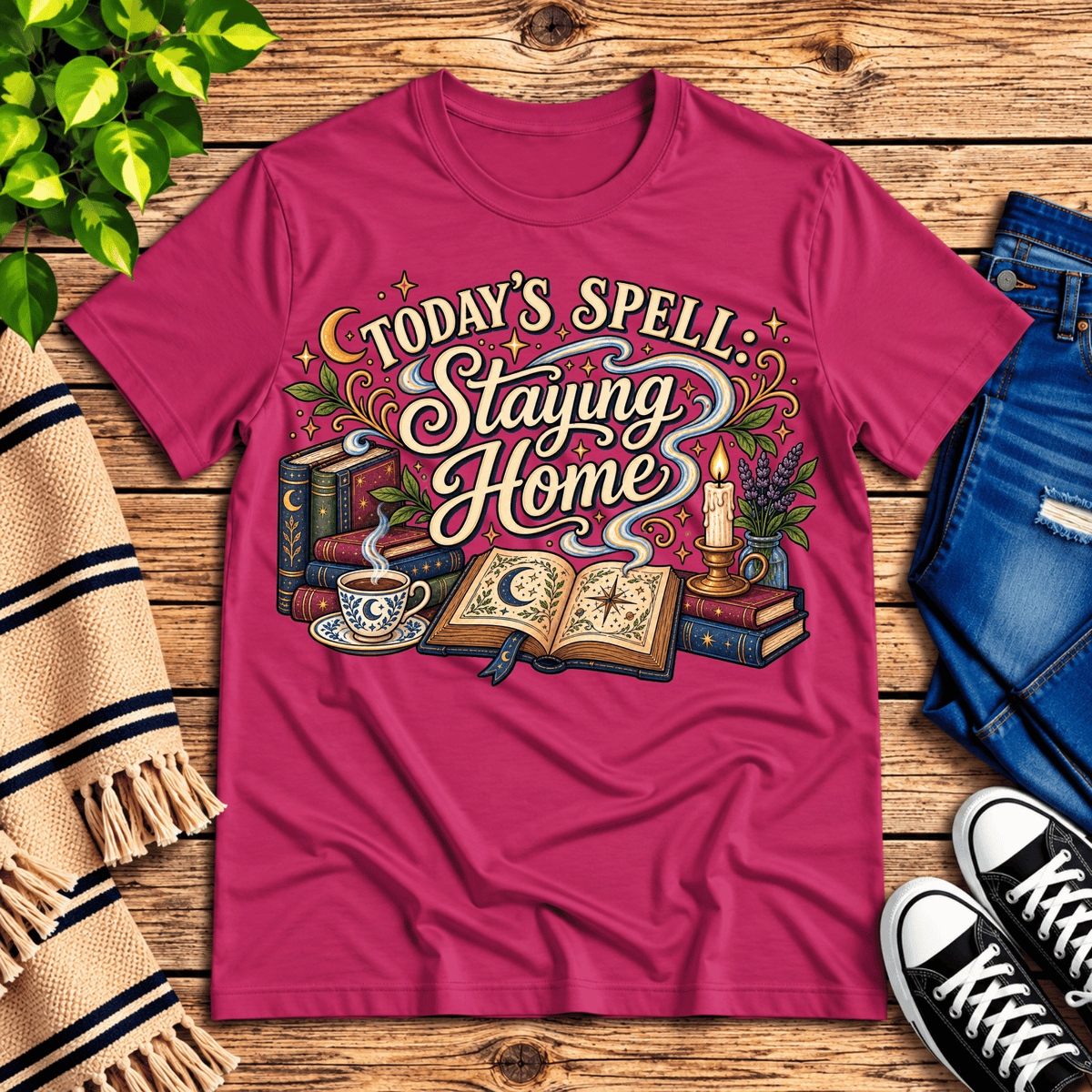 Today's Spell celestial witchy graphic t-shirt cozy flat lay in berry.