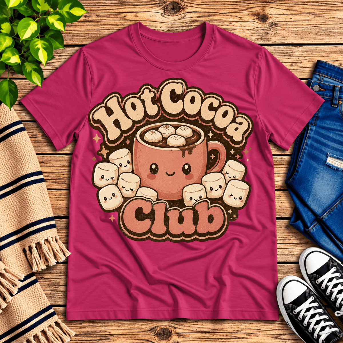 Hot Cocoa Club cute coffee graphic t-shirt cozy flat lay in berry.