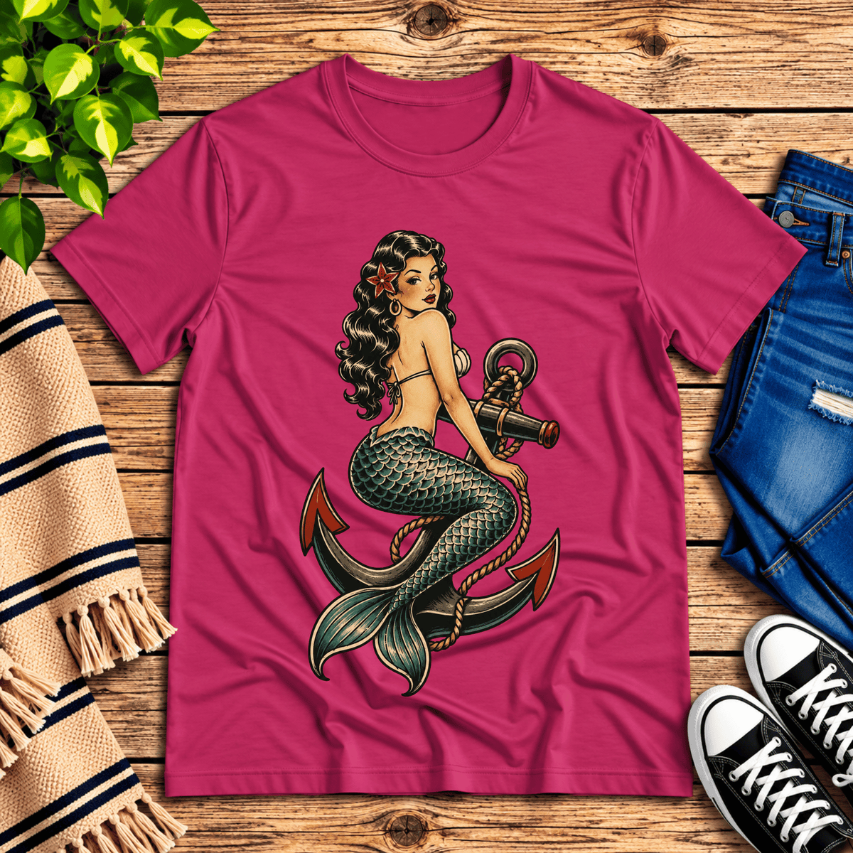 Anchor Mermaid vintage pinup graphic t-shirt cozy flat lay in berry.