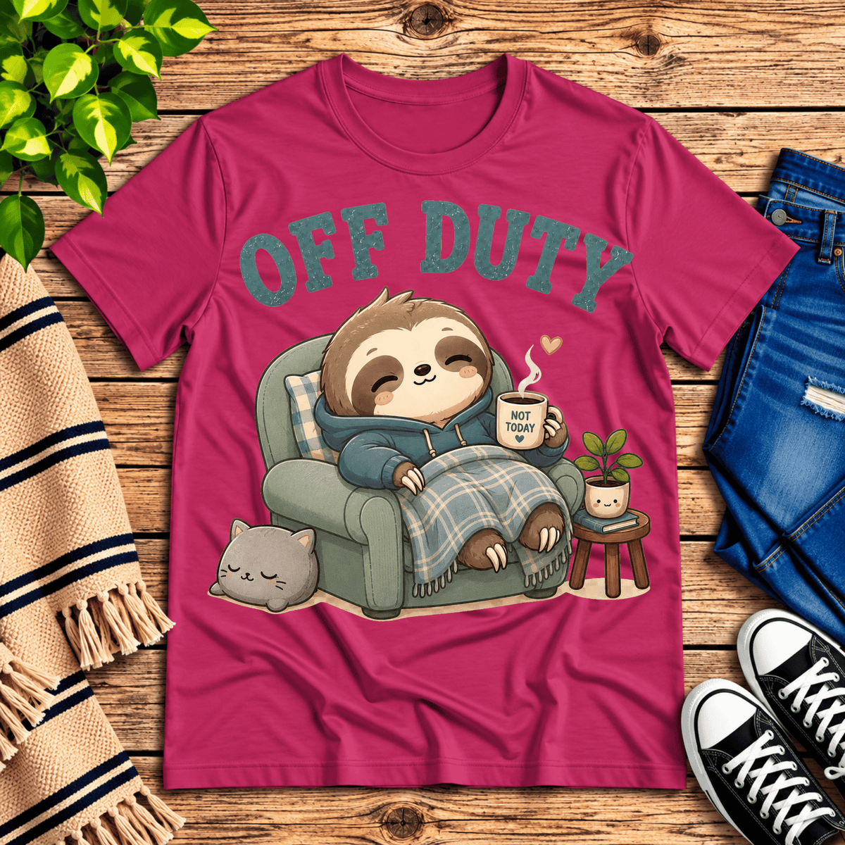 Off Duty cute animal graphic t-shirt cozy flat lay in berry.