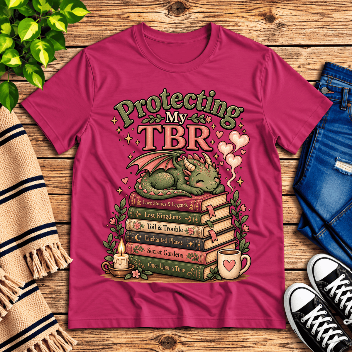Protecting My TBR cute book graphic t-shirt cozy flat lay in berry.