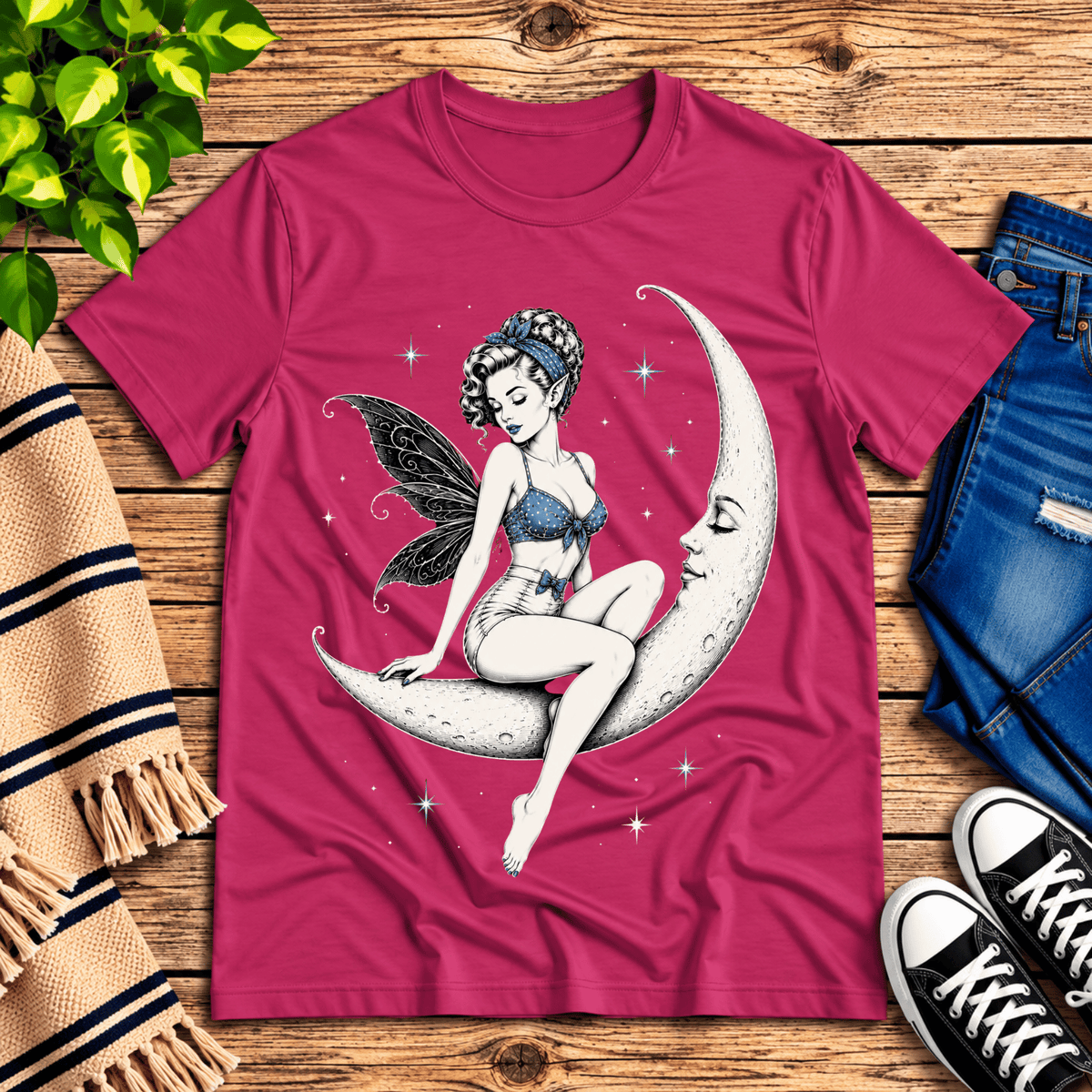 Moonlit Fairy vintage fairy graphic t-shirt cozy flat lay in berry.