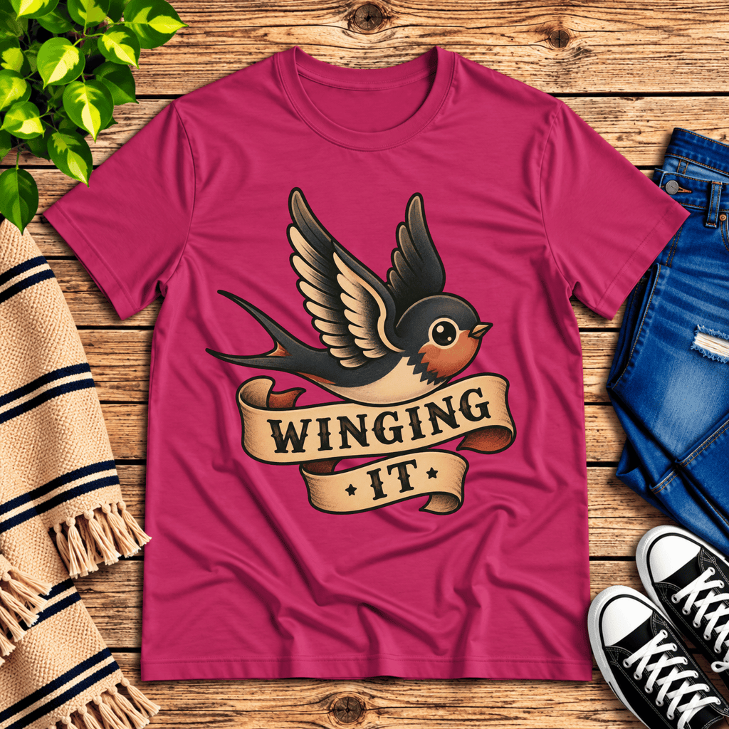 Winging It cute animal graphic t-shirt cozy flat lay in berry.