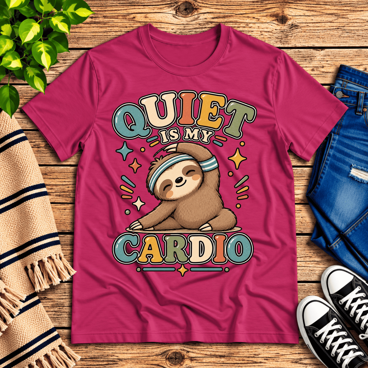 Quiet is My Cardio cute animal graphic t-shirt cozy flat lay in berry.