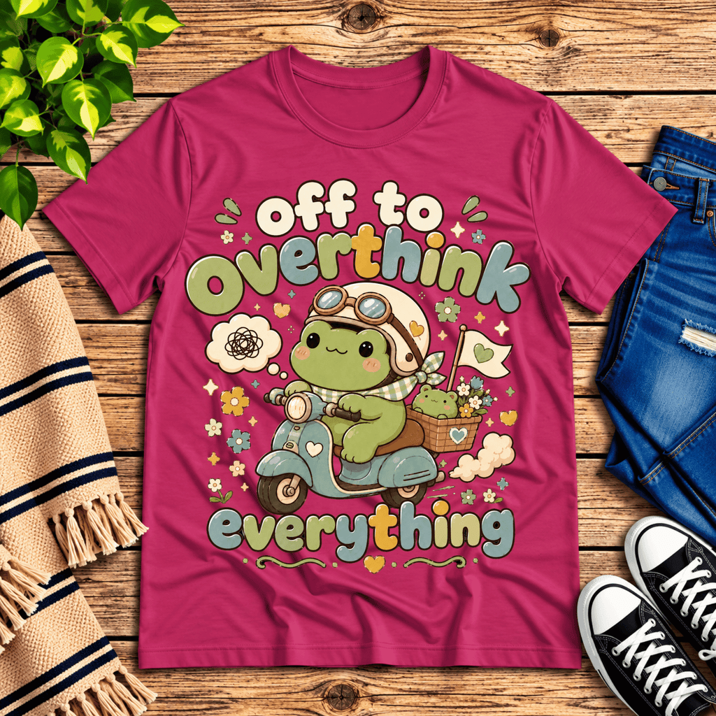 Overthink Frog cute animal graphic t-shirt cozy flat lay in berry.