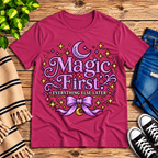 Magic First cute celestial graphic t-shirt cozy flat lay in berry.