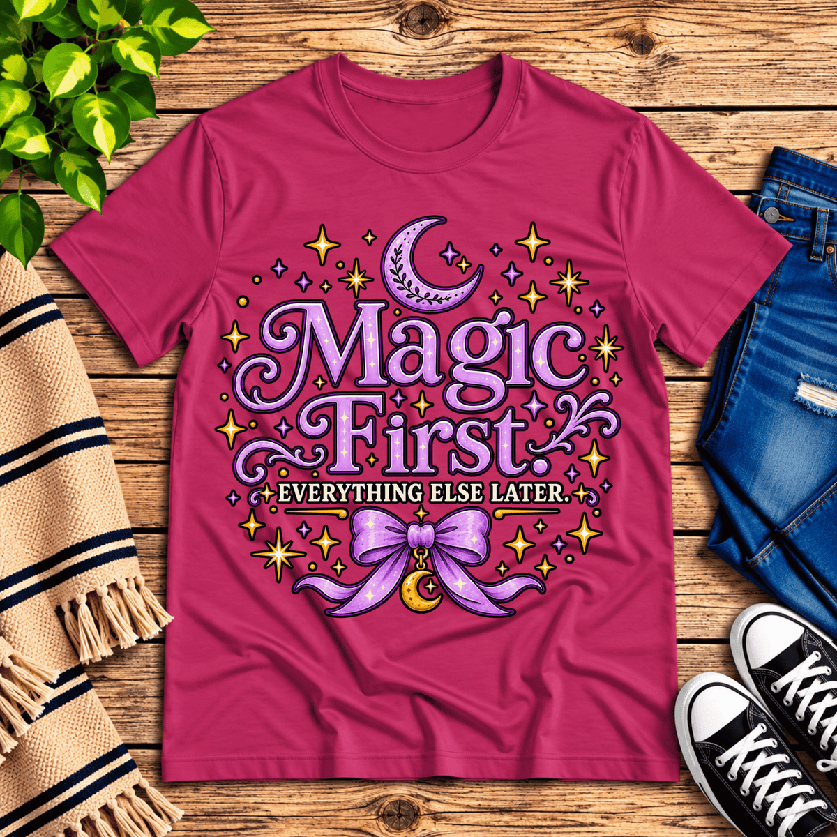 Magic First cute celestial graphic t-shirt cozy flat lay in berry.