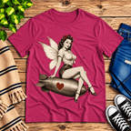 Love Bomb vintage pinup graphic t-shirt cozy flat lay in berry.