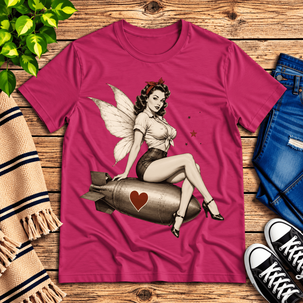Love Bomb vintage pinup graphic t-shirt cozy flat lay in berry.
