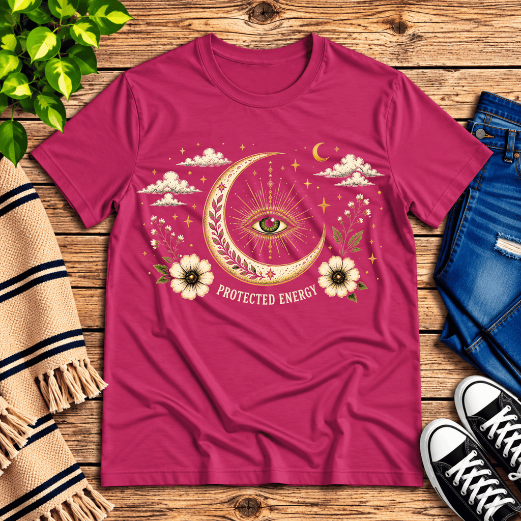 Protected Energy celestial mystic graphic t-shirt cozy flat lay in berry.