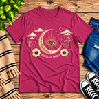 Protected Energy celestial mystic graphic t-shirt cozy flat lay in berry.