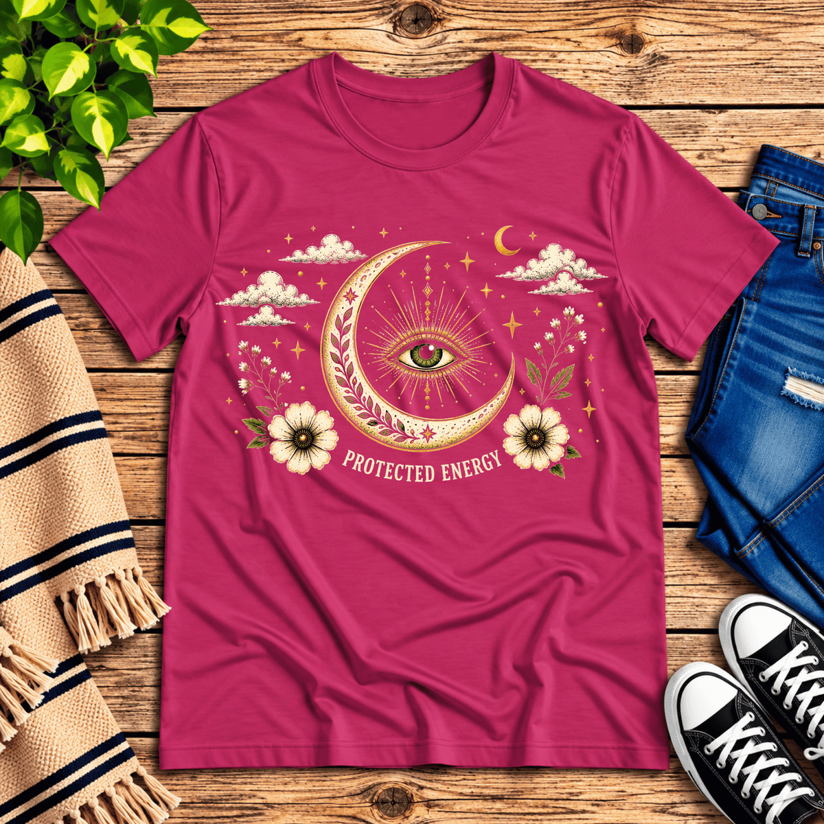 Protected Energy celestial mystic graphic t-shirt cozy flat lay in berry.