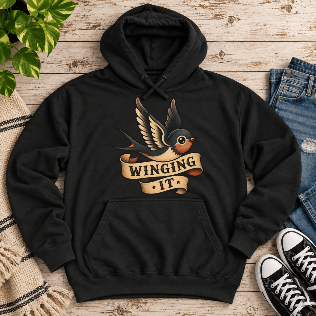 Winging It cute animal graphic hoodie cozy flat lay in b.ack