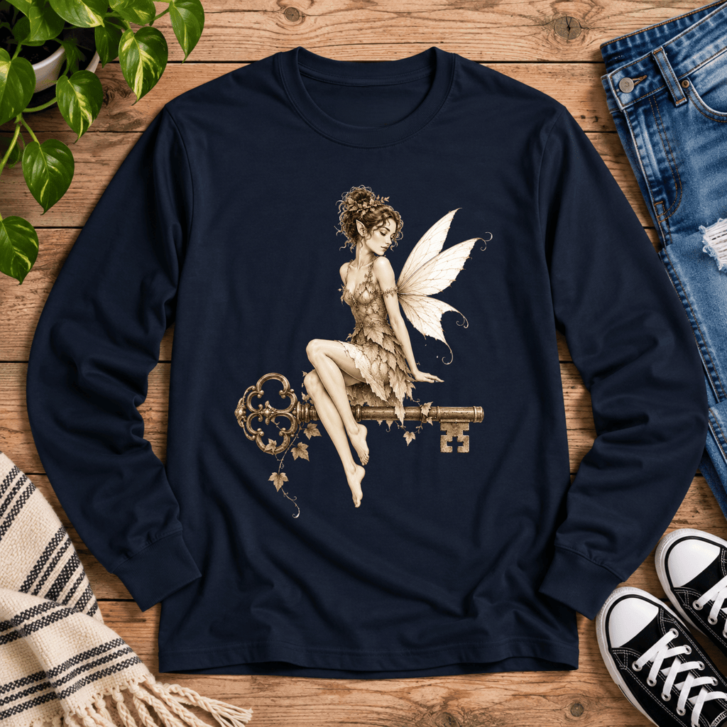 Fairy Key cute pinup graphic long sleeve t-shirt cozy flat lay in black ink.