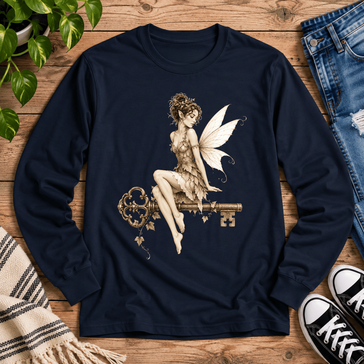 Fairy Key cute pinup graphic long sleeve t-shirt cozy flat lay in black ink.