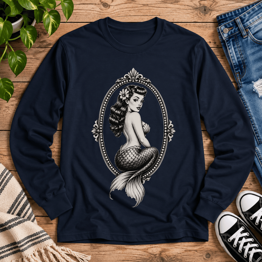 Mermaid Cameo vintage pinup graphic long sleeve t-shirt cozy flat lay in black ink.