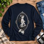 Mermaid Cameo vintage pinup graphic long sleeve t-shirt cozy flat lay in black ink.