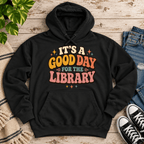 It's A Good Day cute book graphic hoodie cozy flat lay in black.