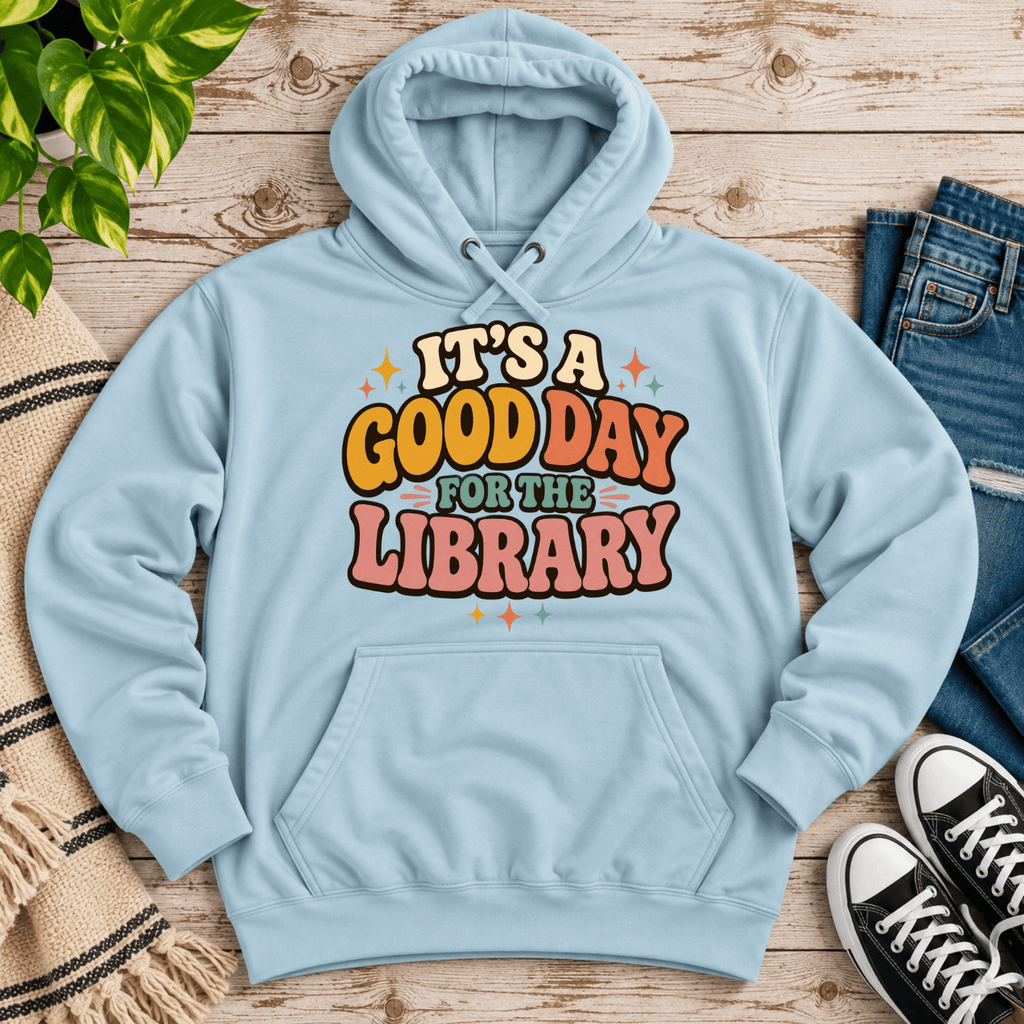 It's A Good Day cute book graphic hoodie cozy flat lay in blue mist.