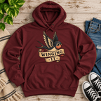Winging It cute animal graphic hoodie cozy flat lay in burgundy.