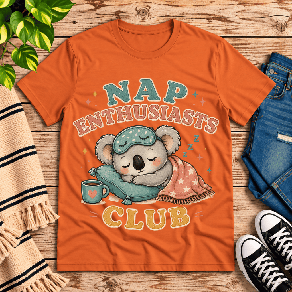 Nap Enthusiasts Club cute animal graphic t-shirt cozy flat lay in burnt orange.