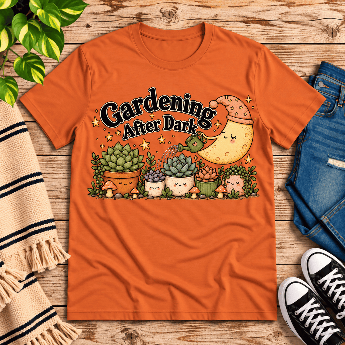 Gardening After Dark nature lover graphic t-shirt cozy flat lay in burnt orange.