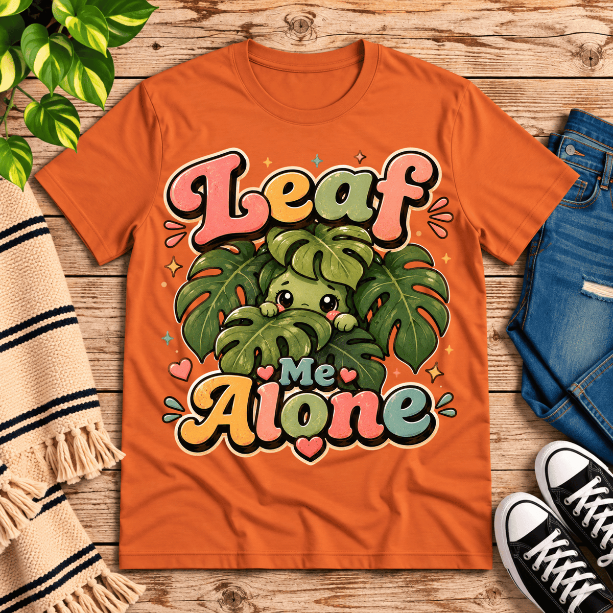Leaf Me Alone funny nature graphic t-shirt cozy flat lay in burnt orange.