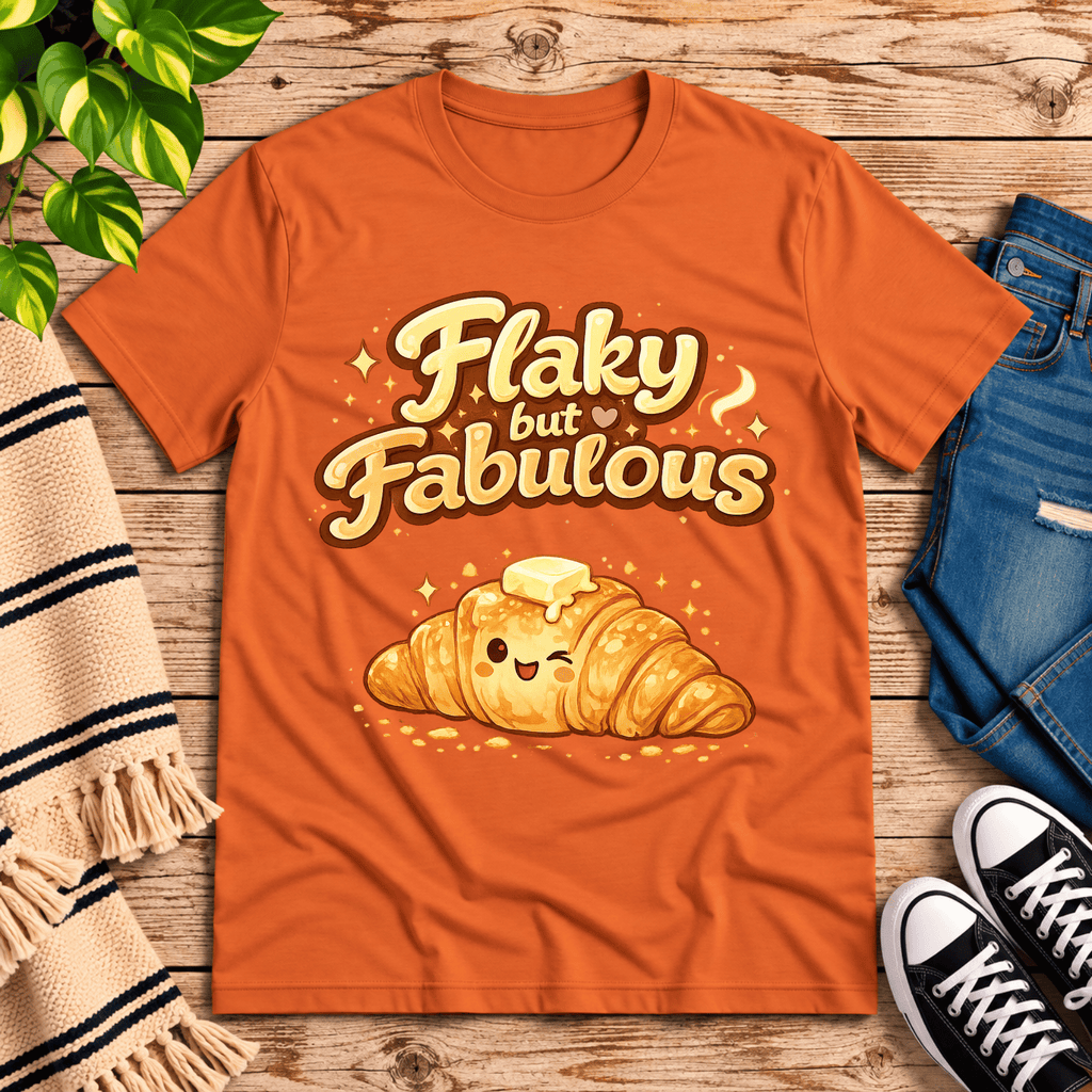Flaky But Fabulous cute food graphic t-shirt cozy flat lay in burnt orange.