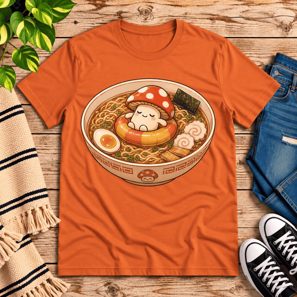 Mushroom float cute food graphic t-shirt cozy flat lay in burnt orange.