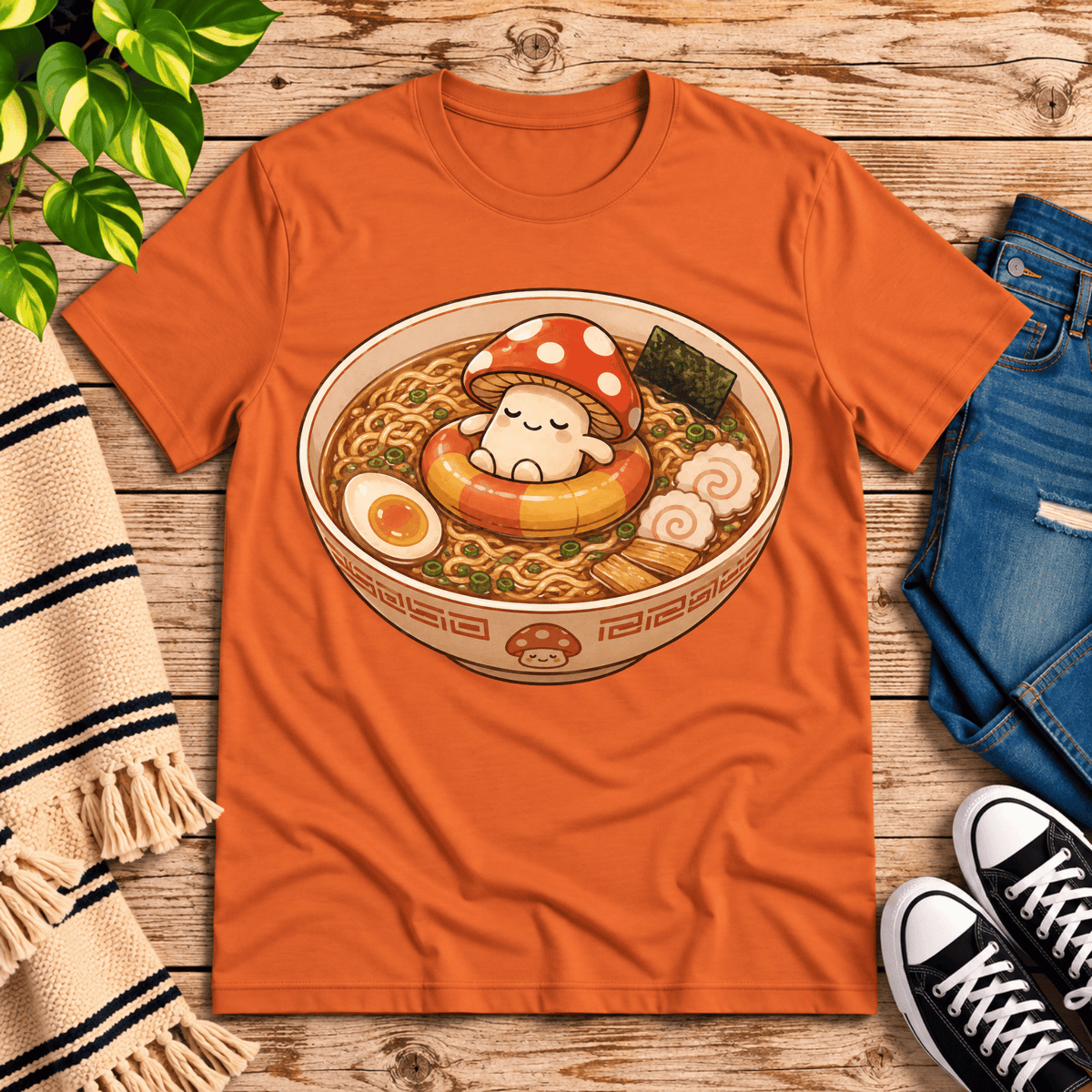 Mushroom float cute food graphic t-shirt cozy flat lay in burnt orange.